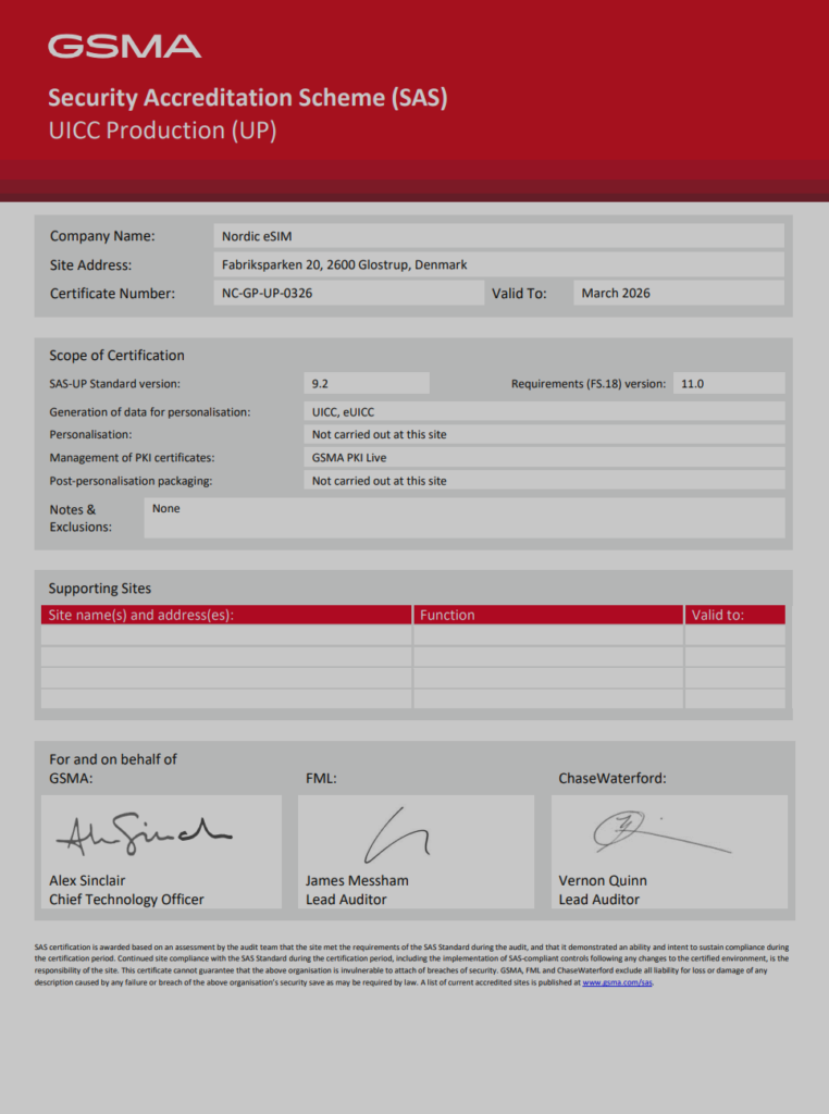 eSIM Certficat for Nordic eSIM