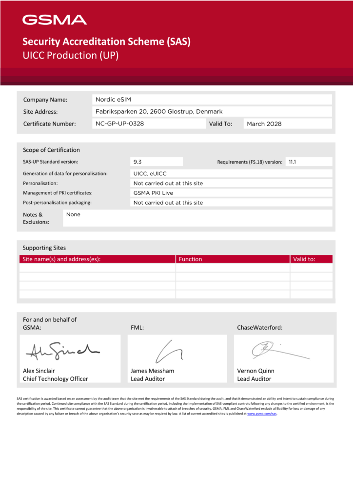 eSIM Certficat for Nordic eSIM